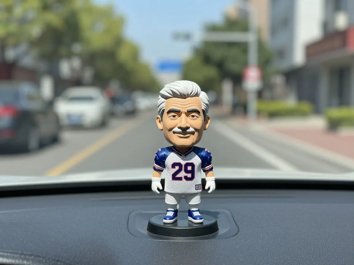 Bobblehead of an older man in a white and blue football jersey on a car dashboard with a sunny street beyond