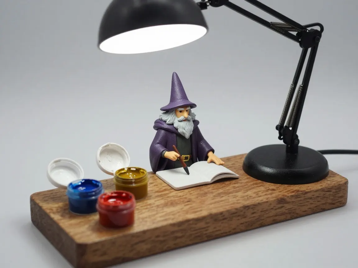 Painted wizard miniature on a wooden block beside open pots of white, blue, red and yellow paint under a desk lamp