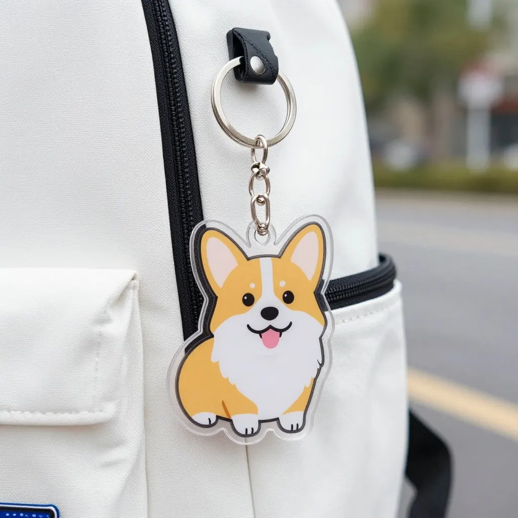 Acrylic keychain charm of a cartoon corgi hanging from the zip of a white backpack