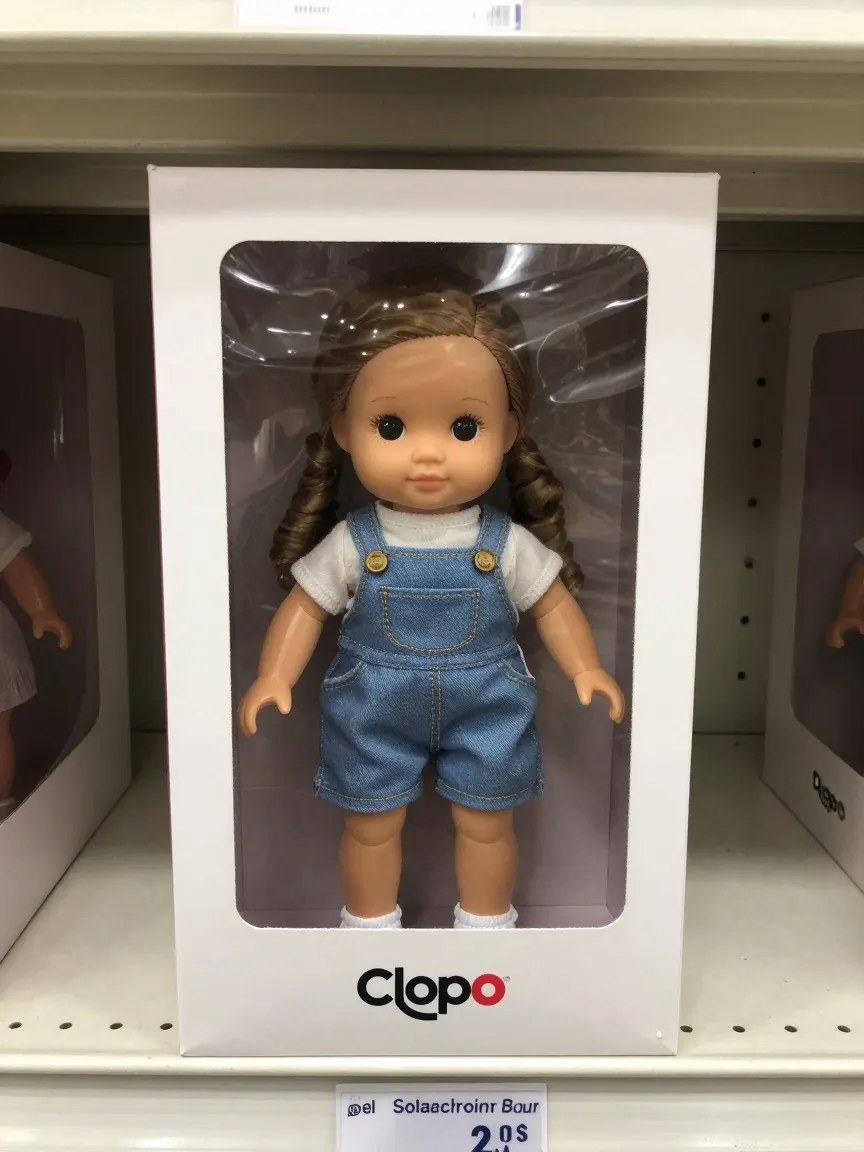 Doll in denim dungarees inside a white window box with a cellophane front and a Clopo logo, on a shop shelf