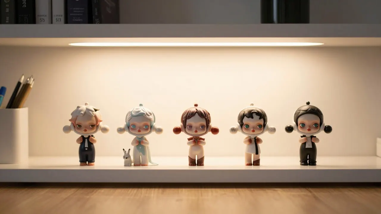 Five small designer figures with pale faces lined up on a lit white shelf above a desk