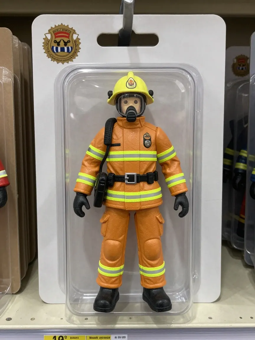 The same firefighter figure sealed in a plastic blister on a printed backer card, hanging from a shop peg
