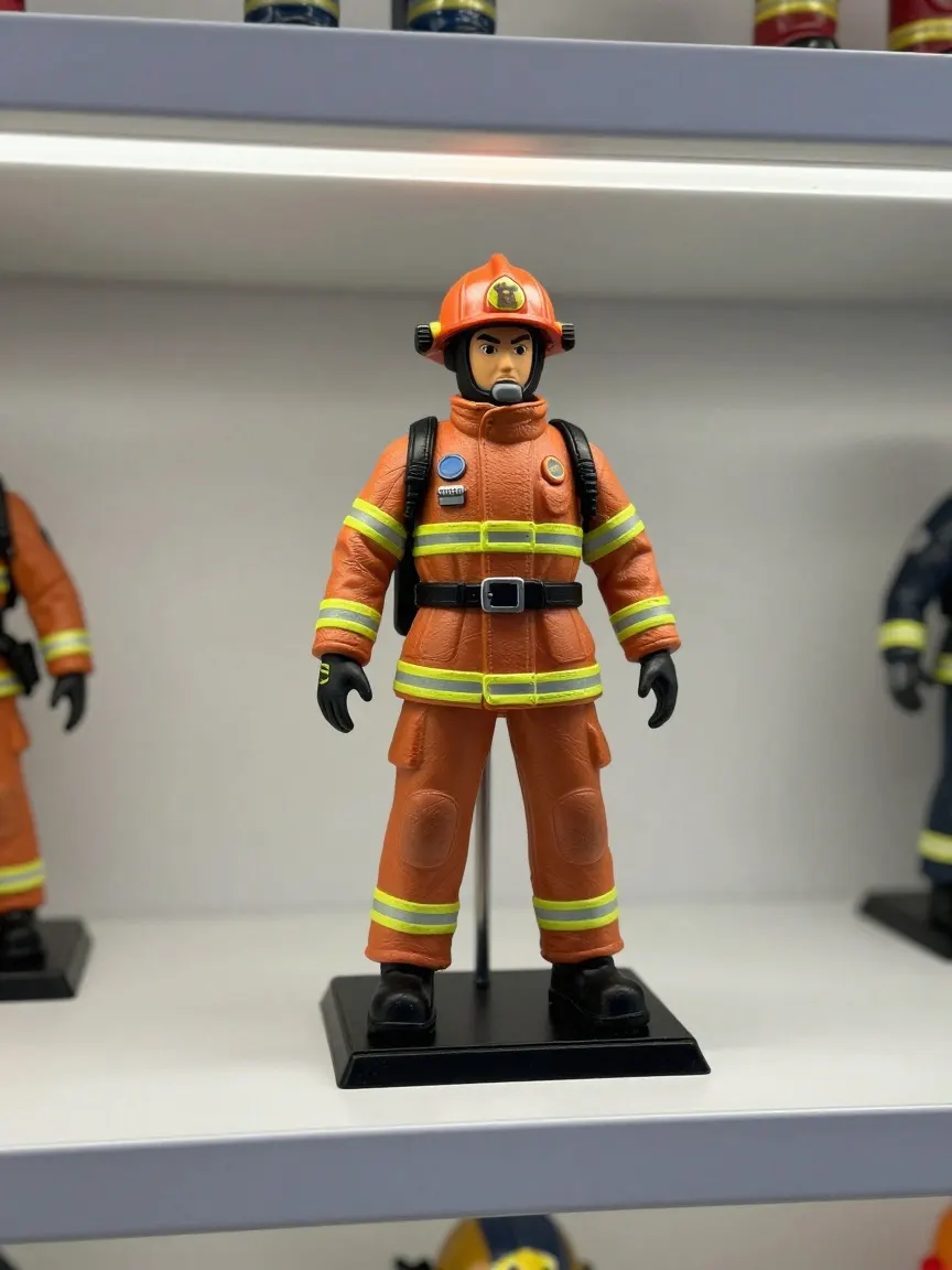 Orange-suited firefighter figure standing on a black display base on a white shop shelf