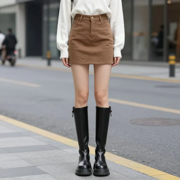 A cropped street photograph of a short brown skirt, white shirt and tall black boots