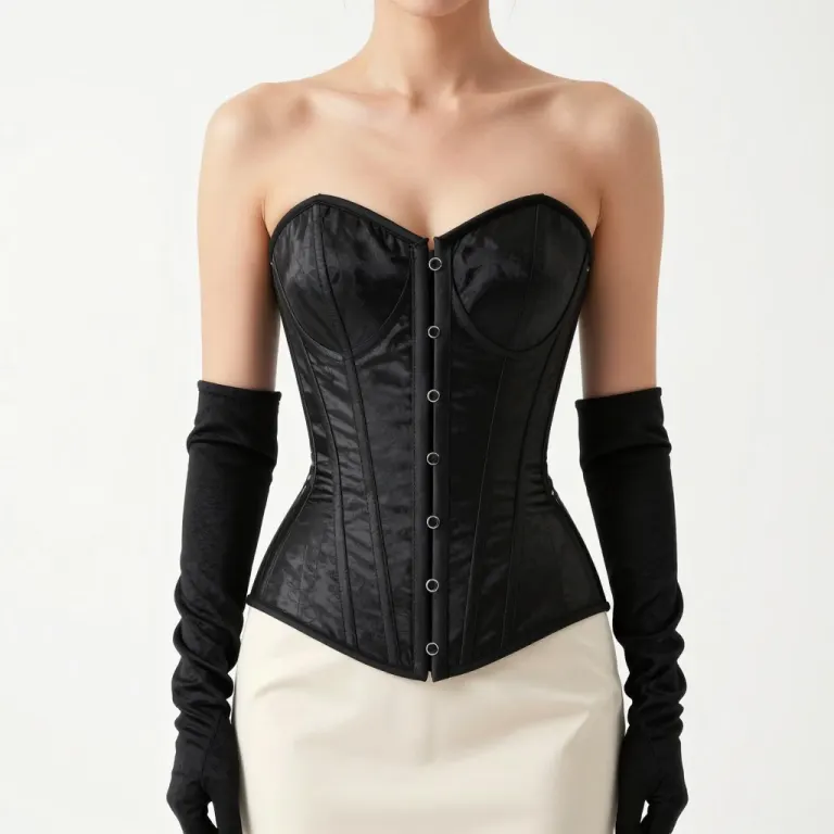 A black satin corset worn with long black gloves over a cream skirt