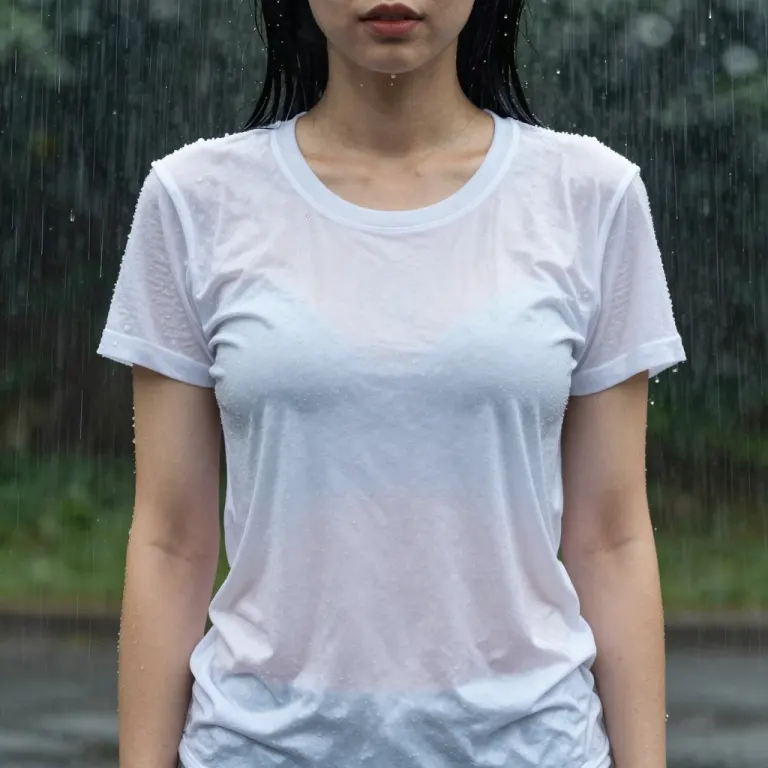 A soaked white t-shirt photographed in the rain, cropped below the neck