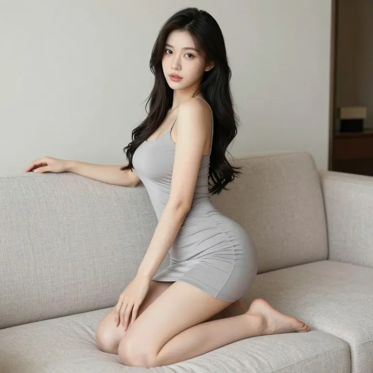 A woman in a short grey dress posed on a pale sofa
