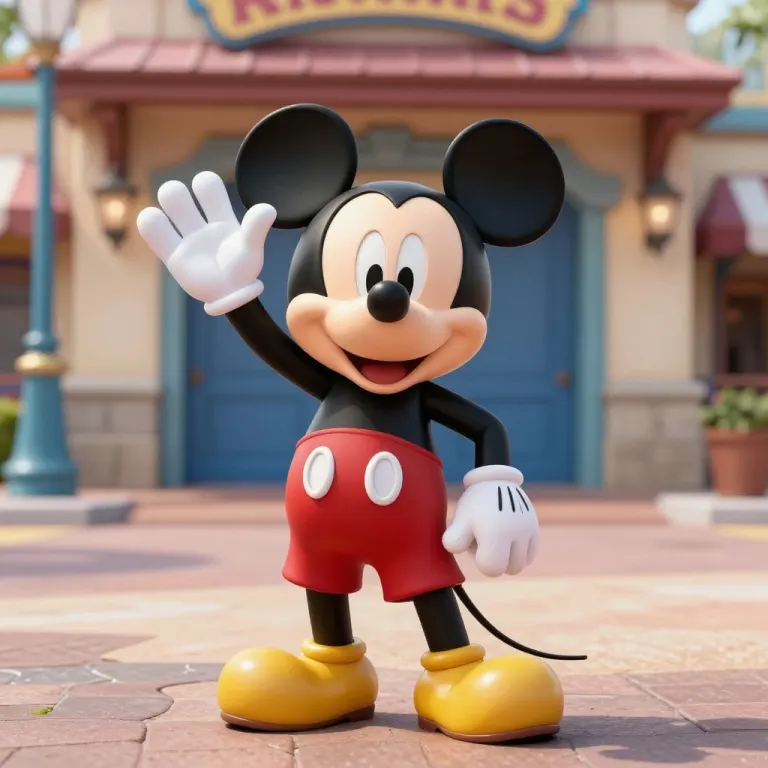 A Mickey Mouse character figure waving outside a theme park entrance