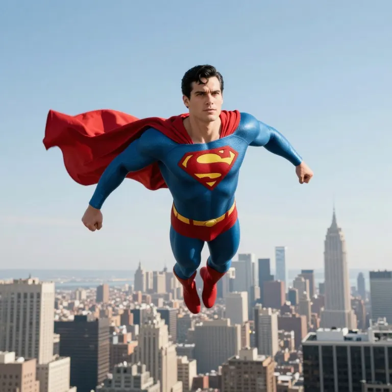 A caped superhero figure in blue and red flying above a city skyline