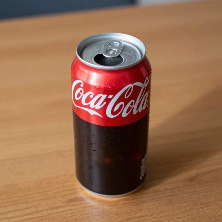 An open Coca-Cola can standing on a wooden table