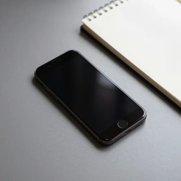 A black smartphone lying on a desk beside a spiral notebook