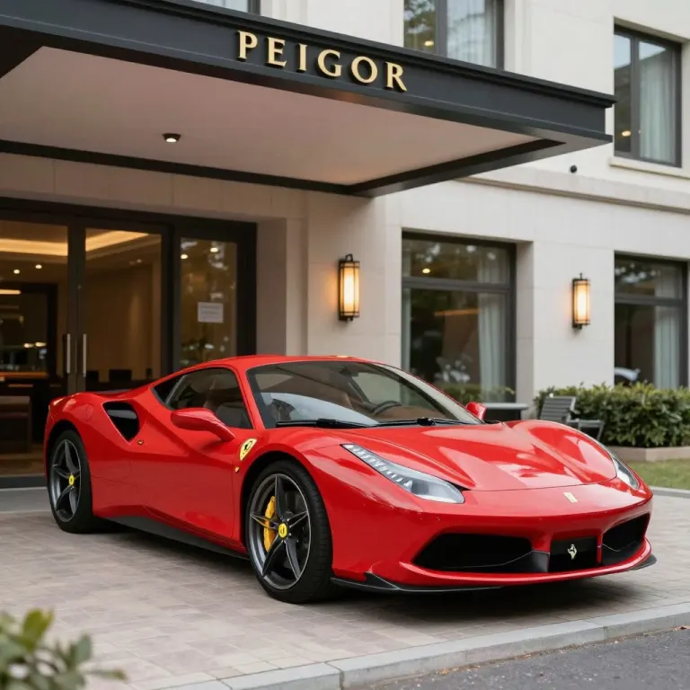 A red sports car parked outside a white hotel entrance