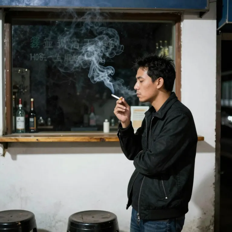 A man smoking a cigarette outside a bar at night, smoke lit from behind