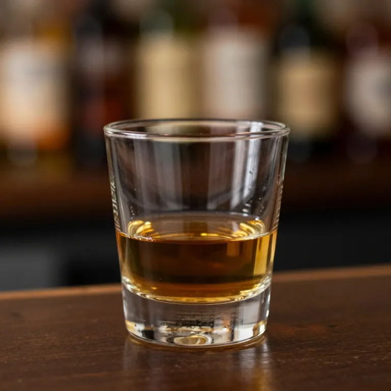 A tumbler of whisky on a bar counter with bottles blurred behind it