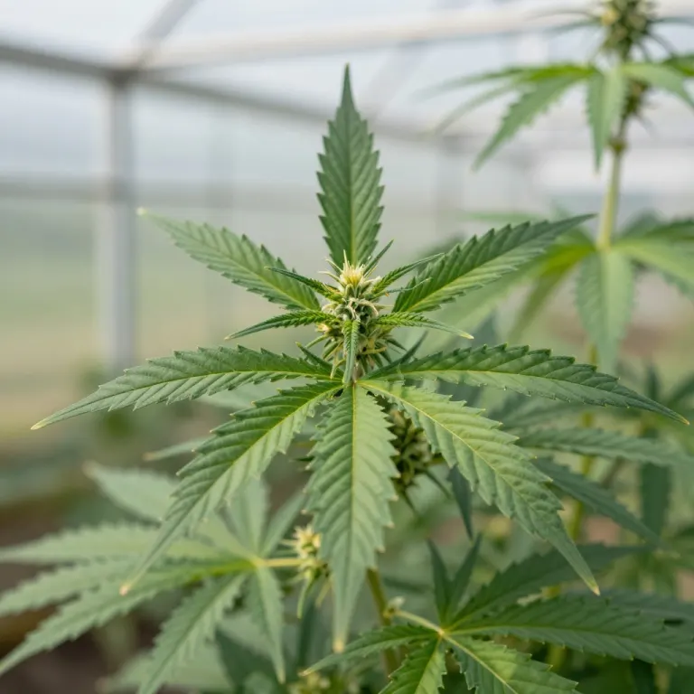 A cannabis plant photographed close up in a greenhouse