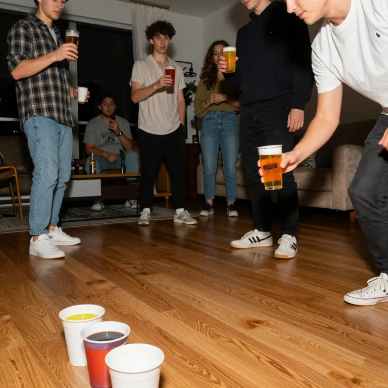 Students holding beer cups at a house party with more cups on the floor