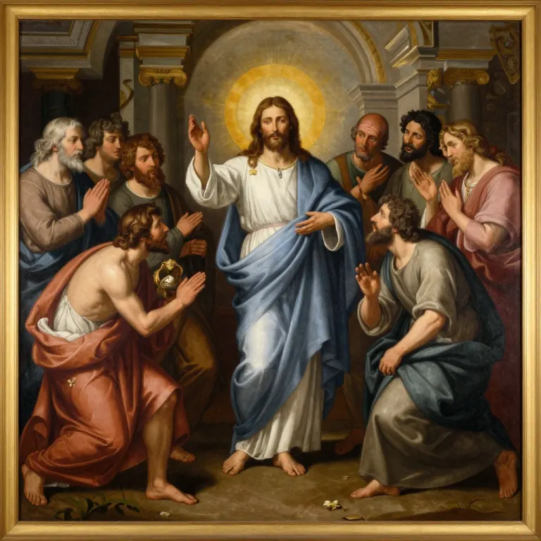 A framed classical painting of Jesus preaching to a seated crowd