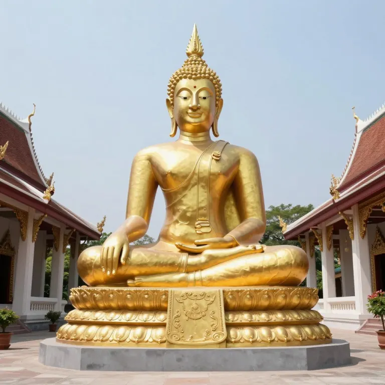 A golden seated Buddha statue in a temple courtyard