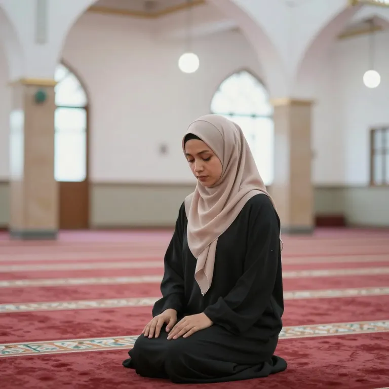 A woman in a hijab kneeling in prayer on a patterned mosque carpet