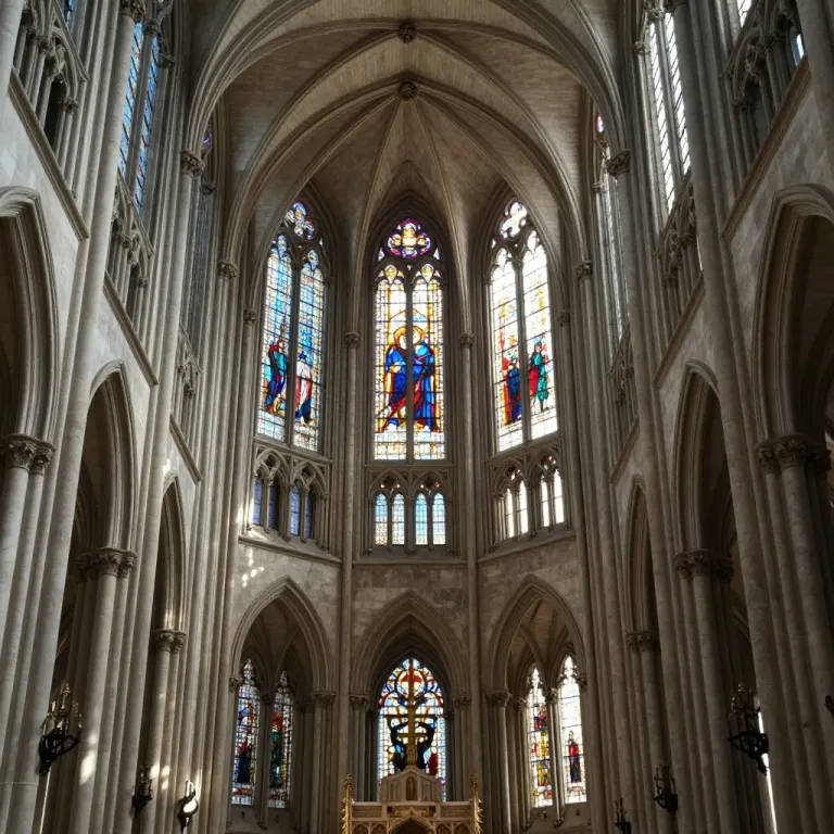 The vaulted interior of a gothic cathedral with light through stained glass