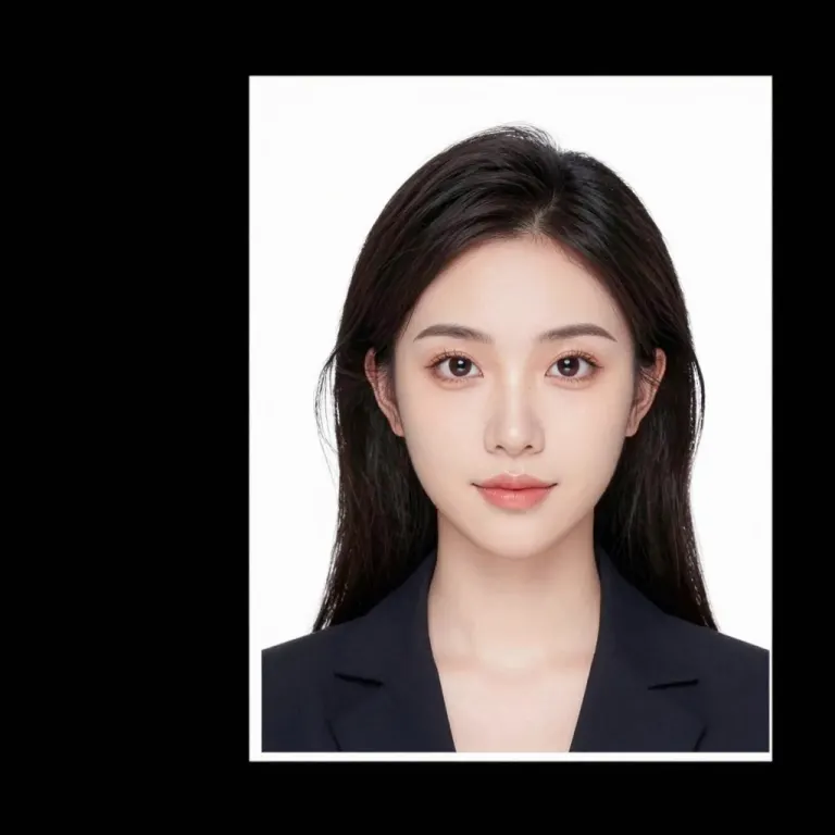 A passport-style headshot of a woman in a dark blazer on a white background