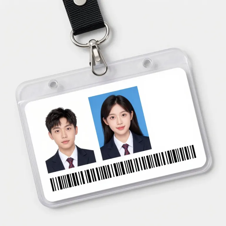 A mock identity card on a lanyard with two portrait photos and a barcode