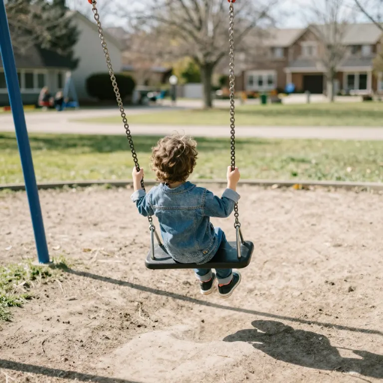 A small child on a playground swing seen from behind on a sunny afternoon