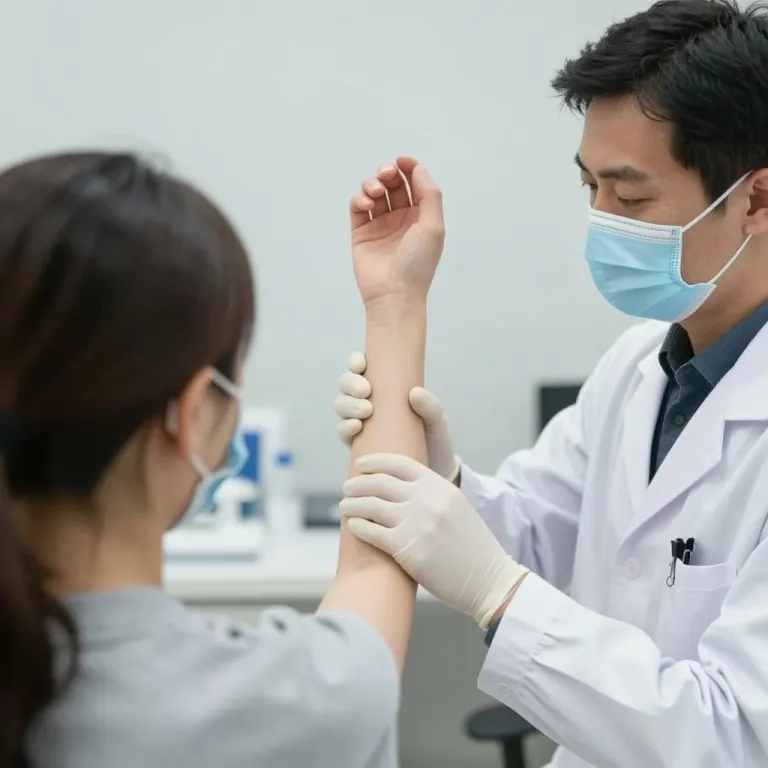A masked doctor examining a patient's forearm in a clinic