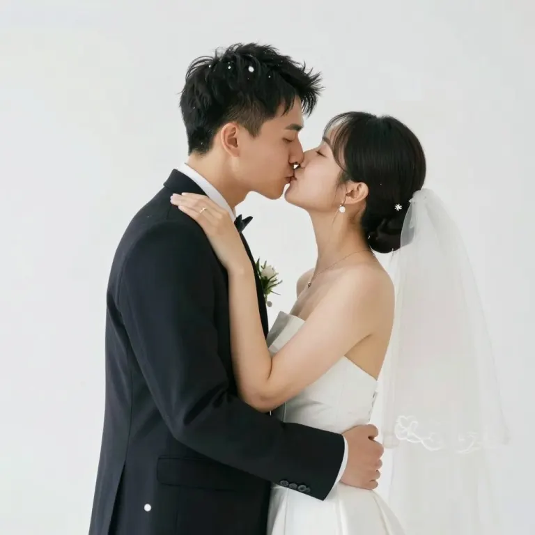 A bride and groom kissing, photographed against a pale background