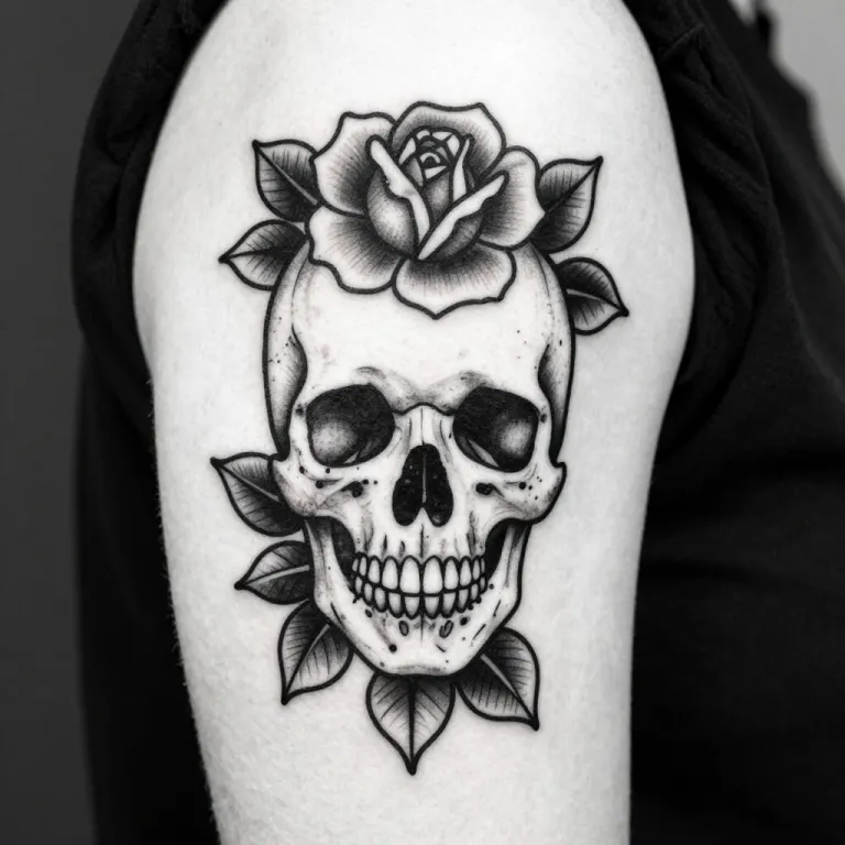 A skull and roses tattoo design in black linework on an upper arm