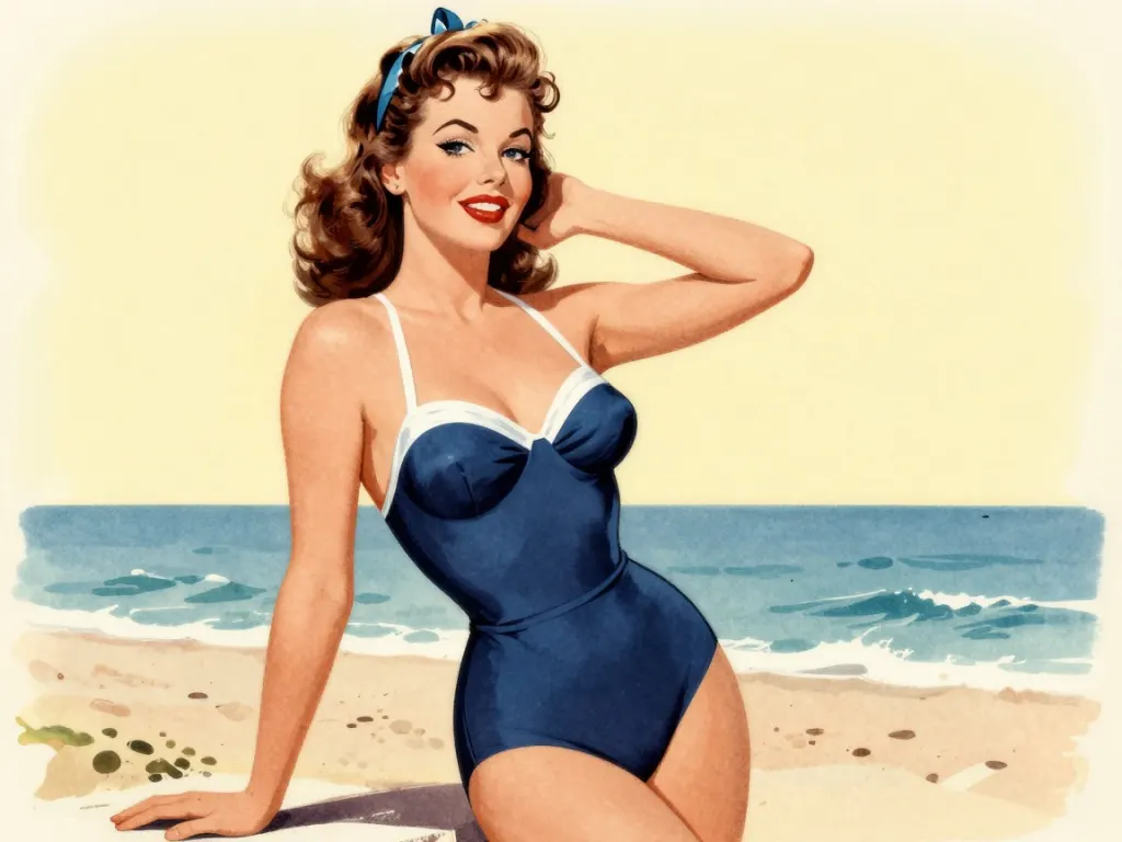 A 1950s style pin-up poster illustration of a woman in a blue swimsuit at the beach
