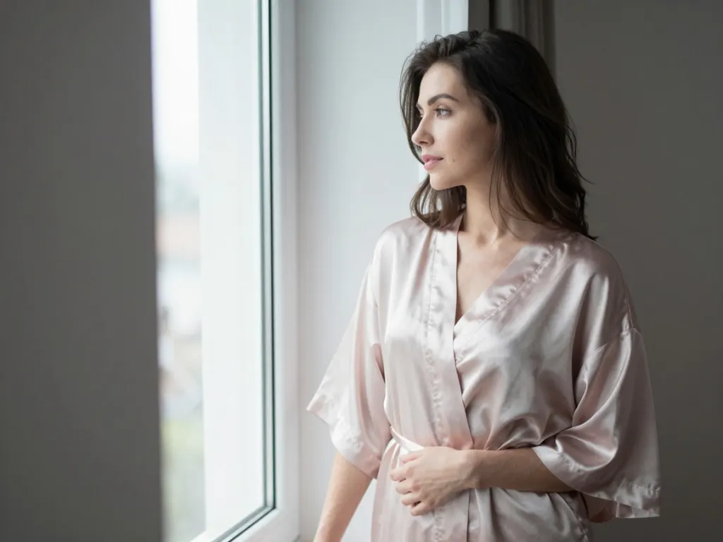 A woman in a silk robe standing by a window in soft morning light