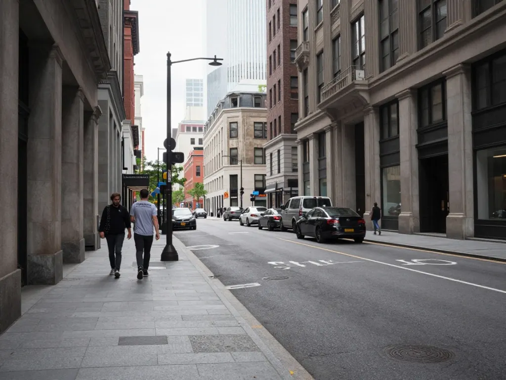 A clean city street with tall buildings and a few pedestrians