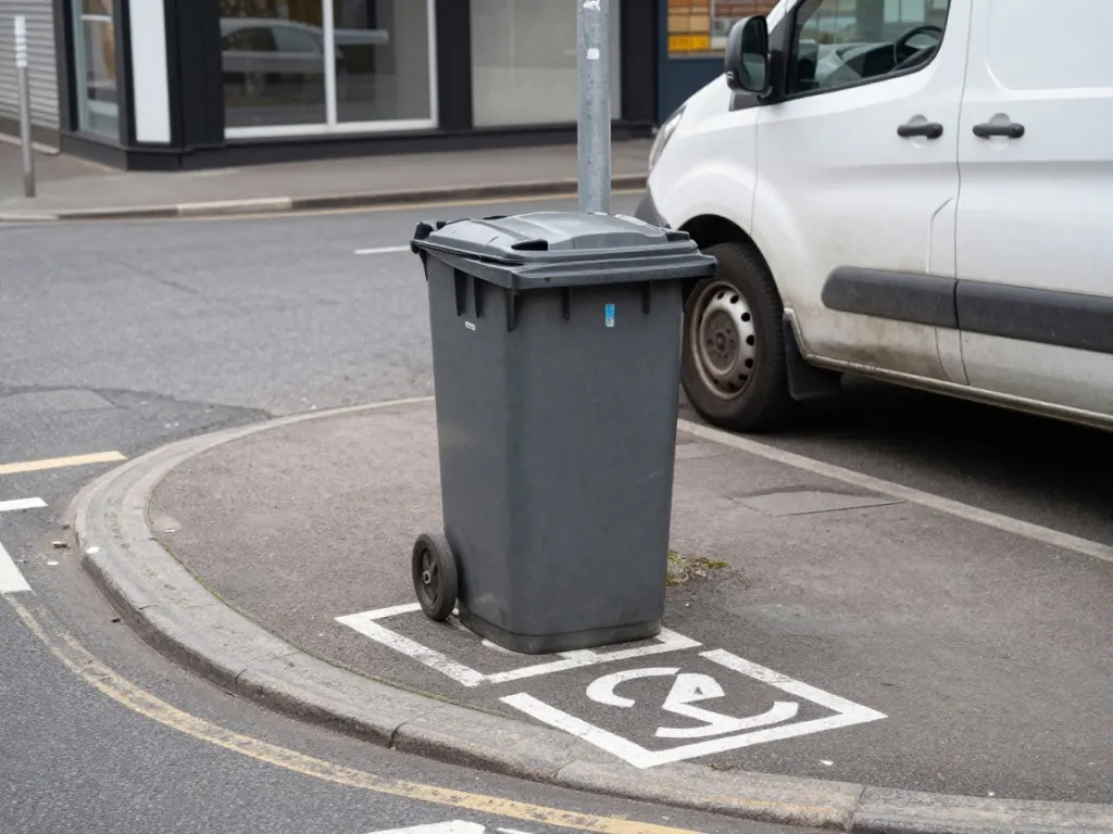 A pavement outside a shop with a wheelie bin, worn road markings and a parked van
