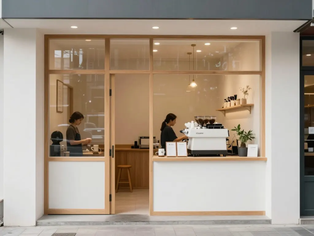 A bright minimal coffee shop frontage with two staff behind the counter