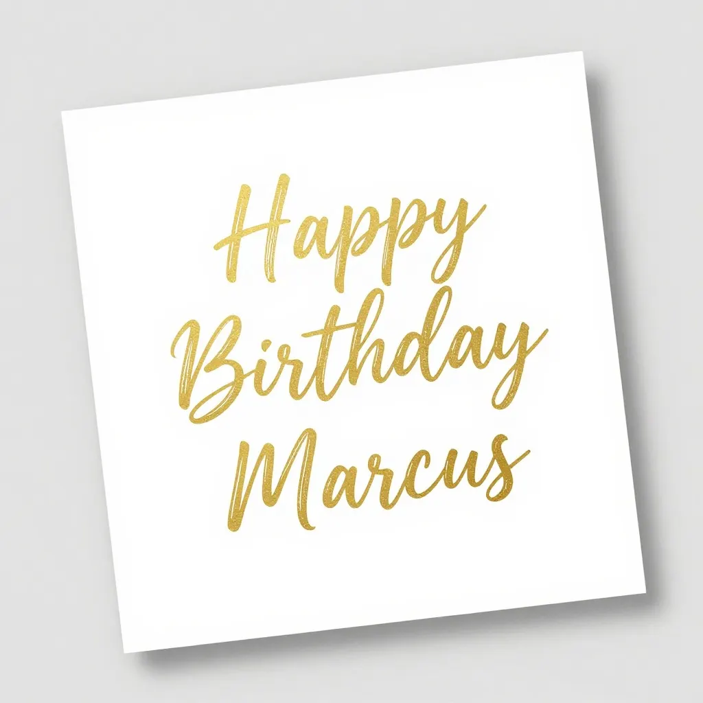 A white greeting card at an angle reading Happy Birthday Marcus in gold script