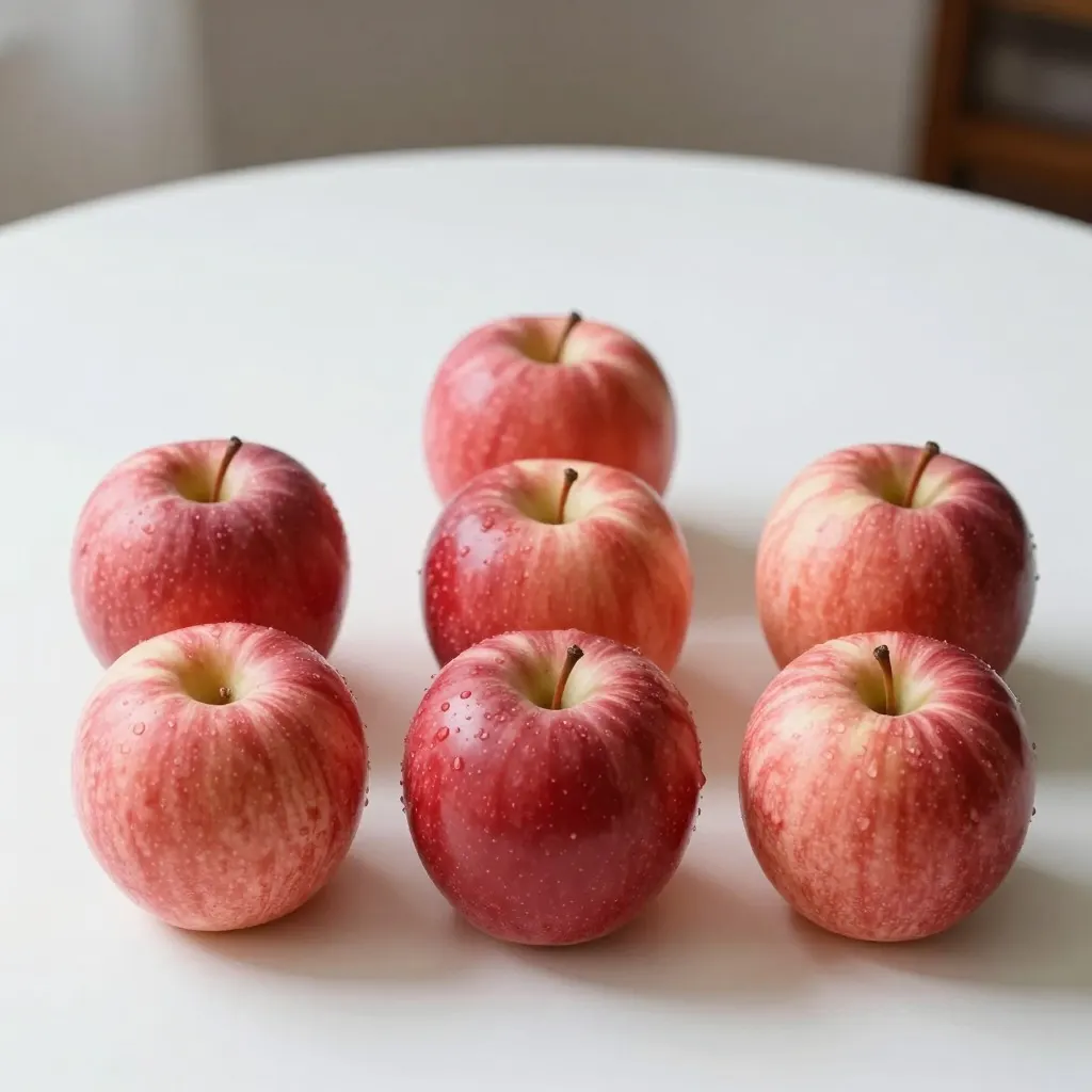 Eight red apples arranged in two rows on a white table
