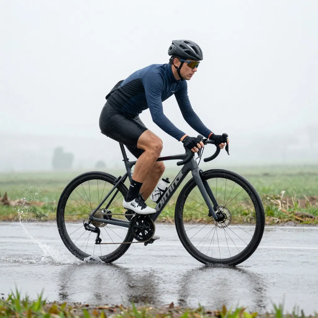 A cyclist riding on a wet road on a foggy day with only a small spray of water at the rear wheel