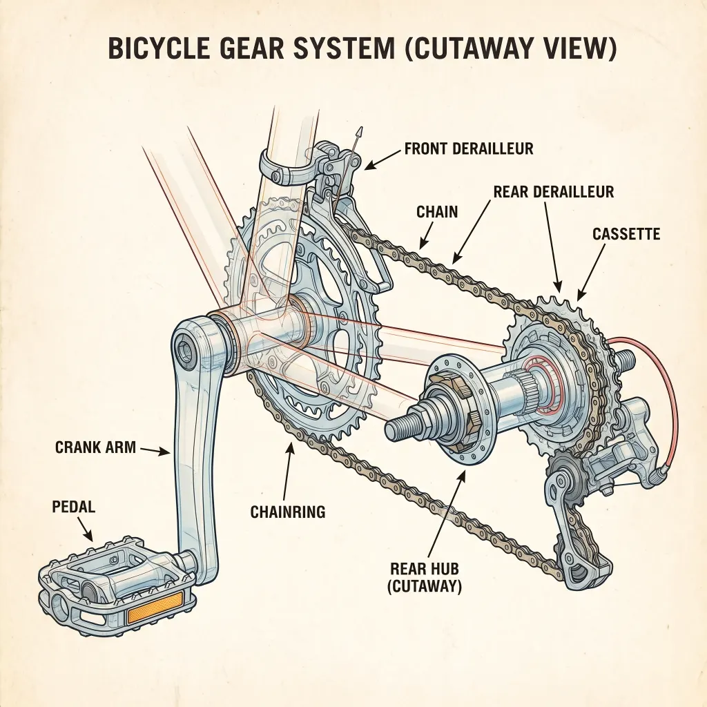 An illustrated cutaway diagram of a bicycle gear system with labelled parts and leader lines