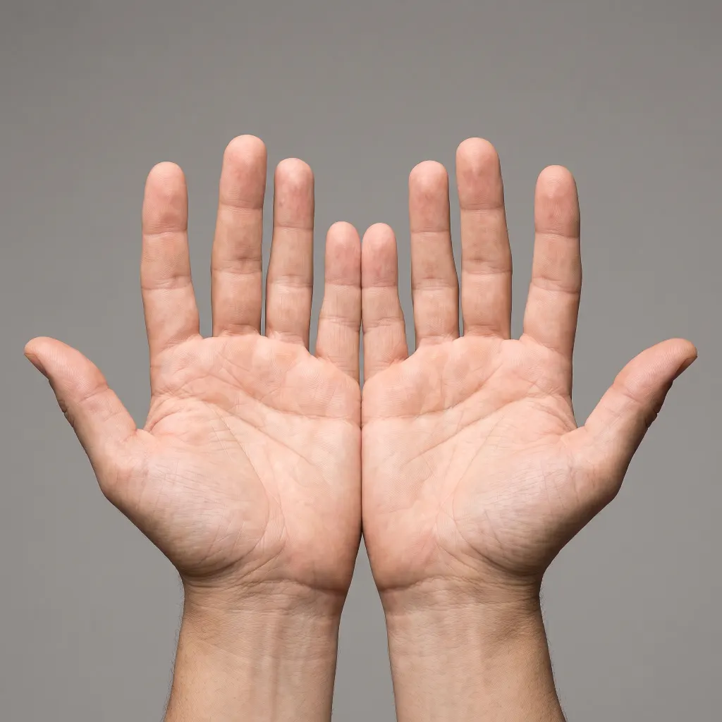 Two open hands held palms up with fingers spread against a grey background