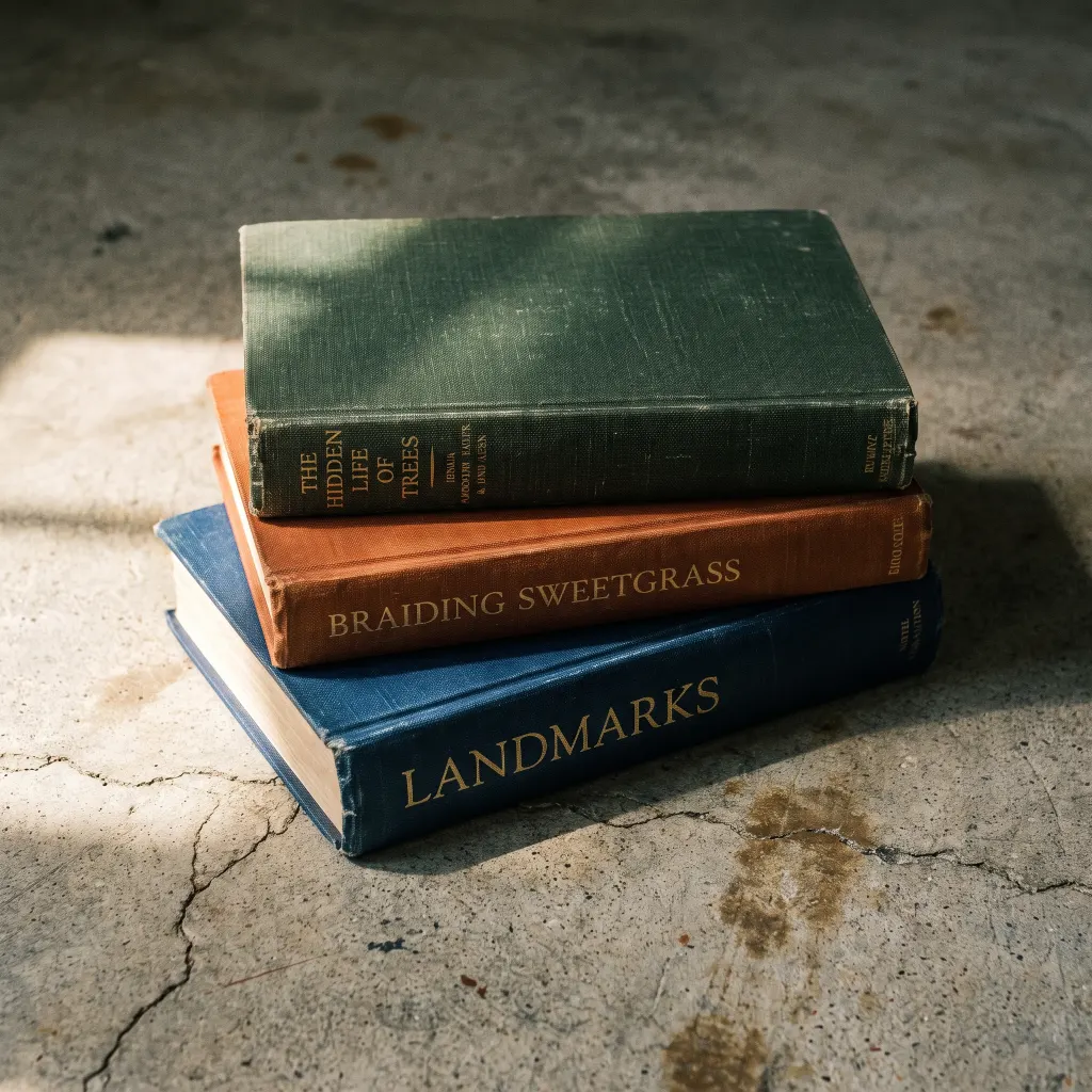 Three worn hardback books stacked on cracked concrete with legible titles on the spines