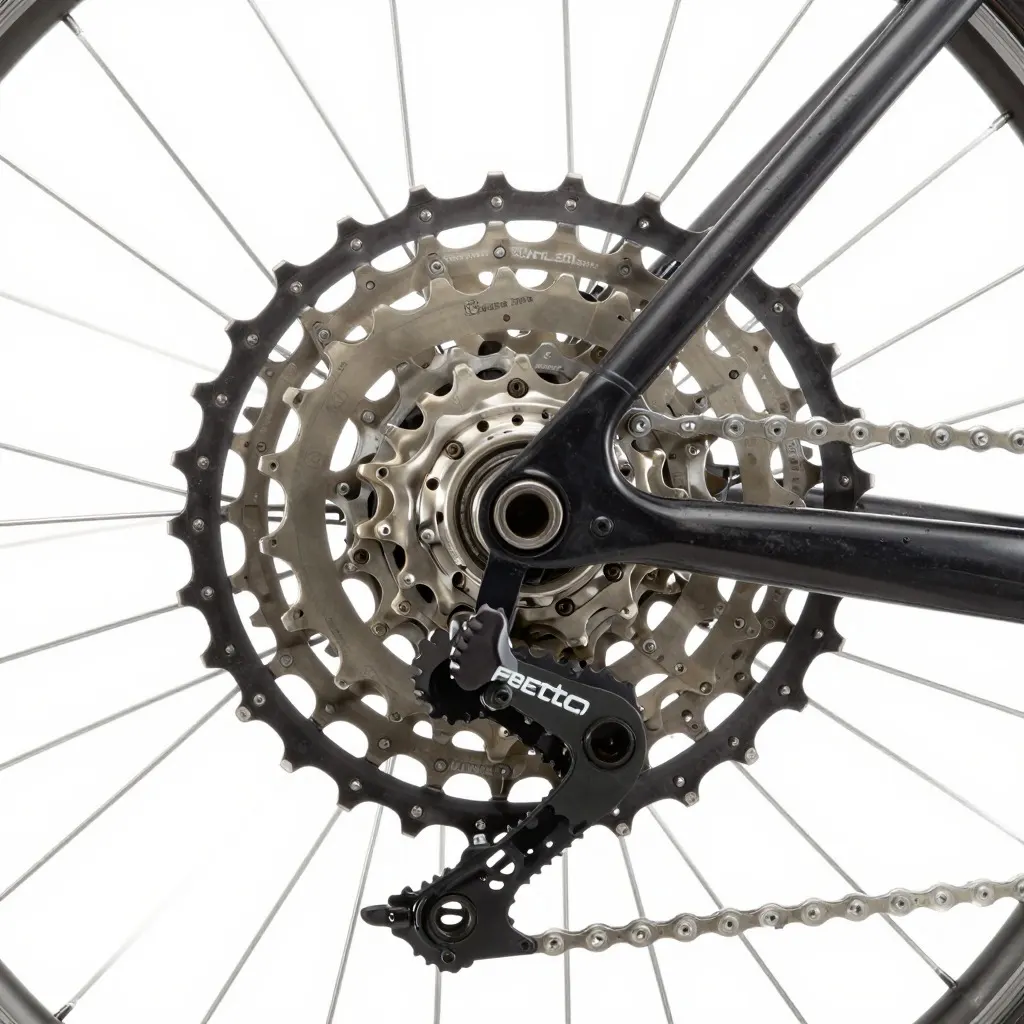 A photograph of a bicycle cassette and rear derailleur with no labels