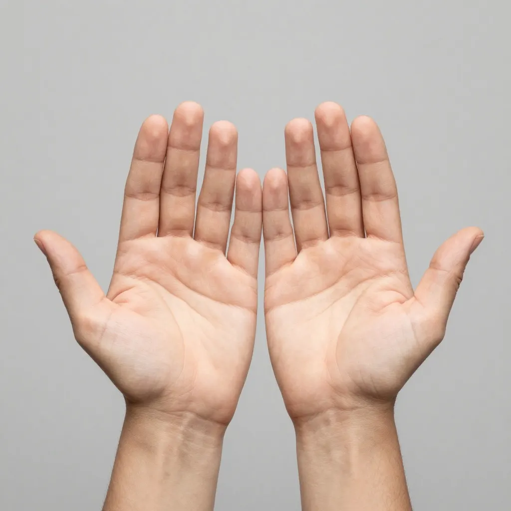 Two open hands held palms up with fingers spread against a grey background