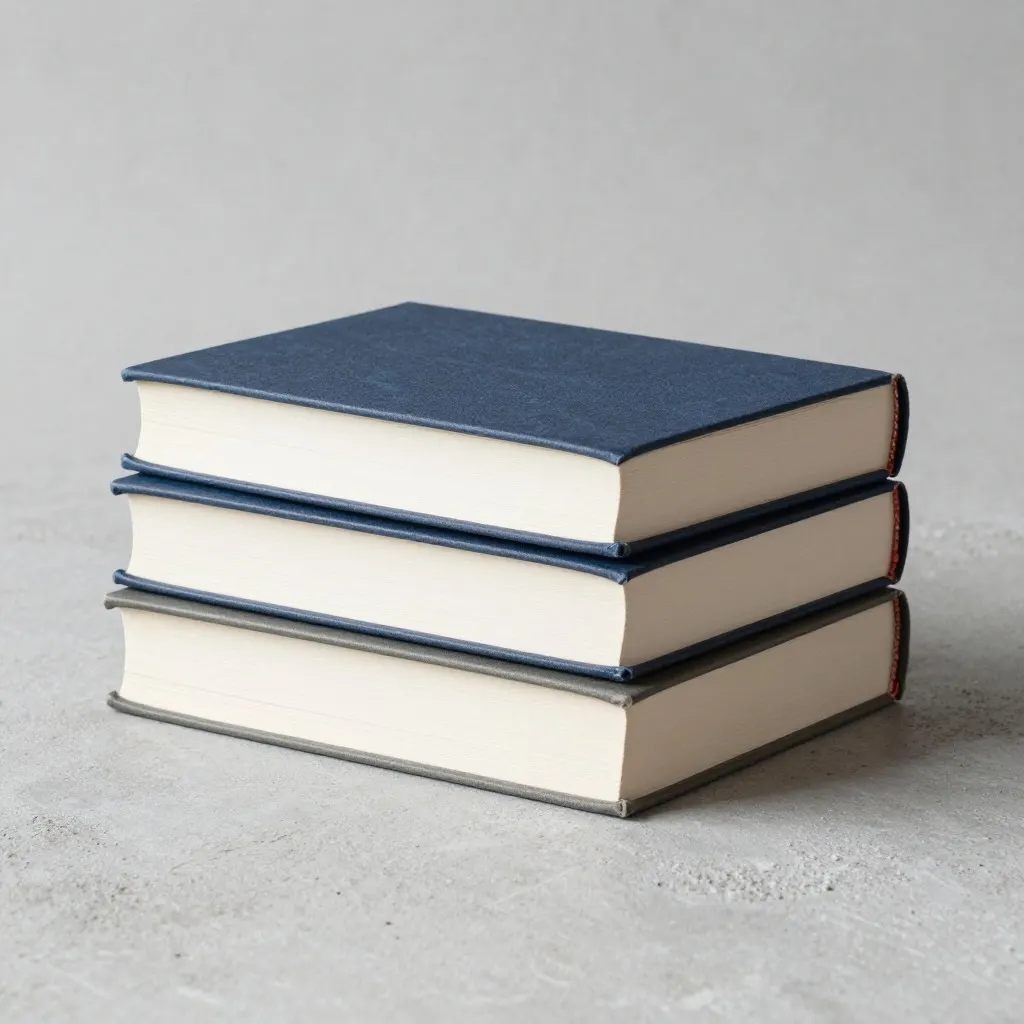 Three plain navy hardback books stacked on a concrete surface