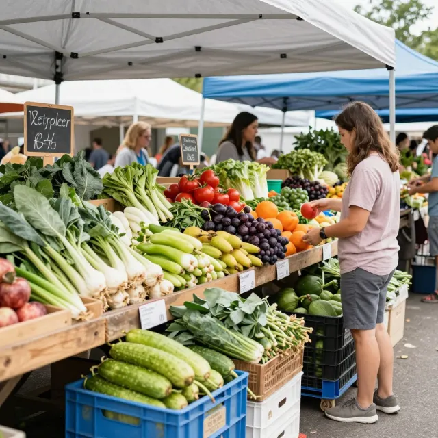 A farmers market stall with a shopper standing beside the produce