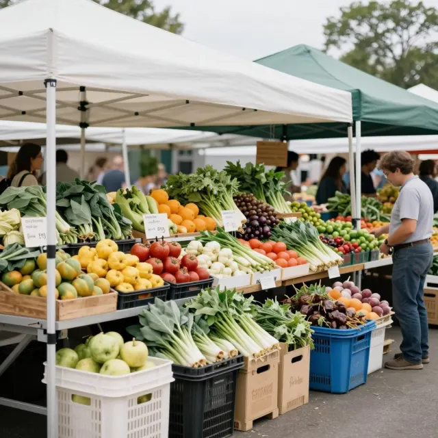 A similar market stall with a shopper on the right and more people behind