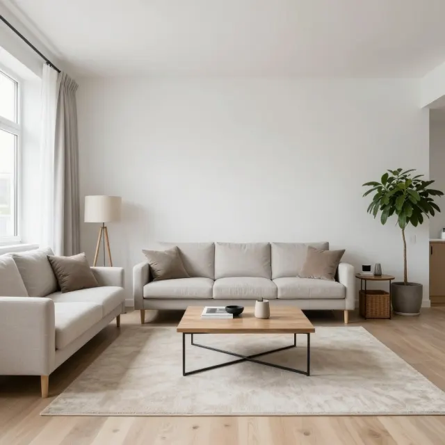 A living room with two large windows and a sofa