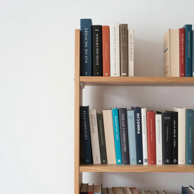 A pale bookshelf filled with books on two shelves