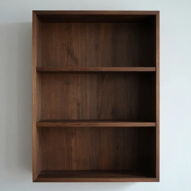 An empty dark wooden shelf unit mounted on a white wall