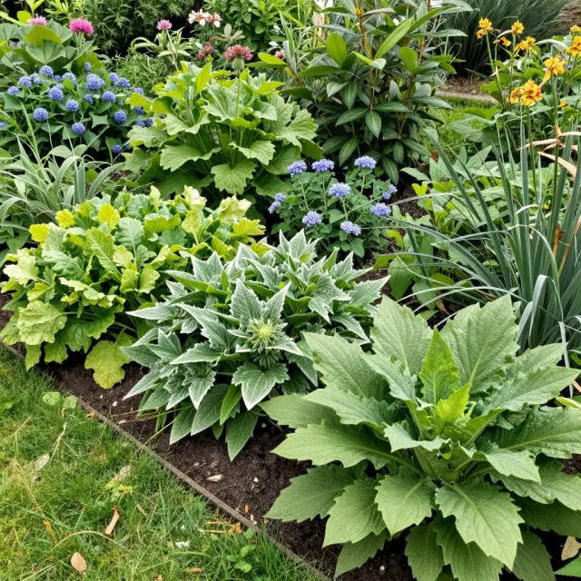 A summer garden border of mostly green foliage with a few small blooms